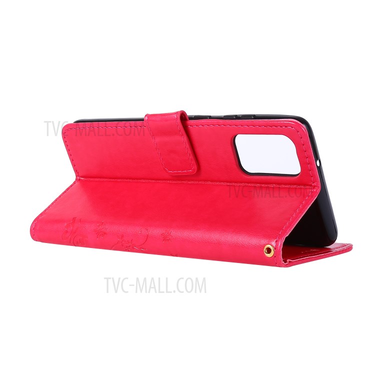 Imprint Butterflies Wallet Stand Flip Leather Phone Case for Samsung Galaxy S20 Plus - Red-4