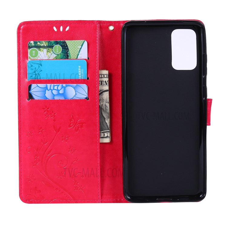 Imprint Butterflies Wallet Stand Flip Leather Phone Case for Samsung Galaxy S20 Plus - Red-5