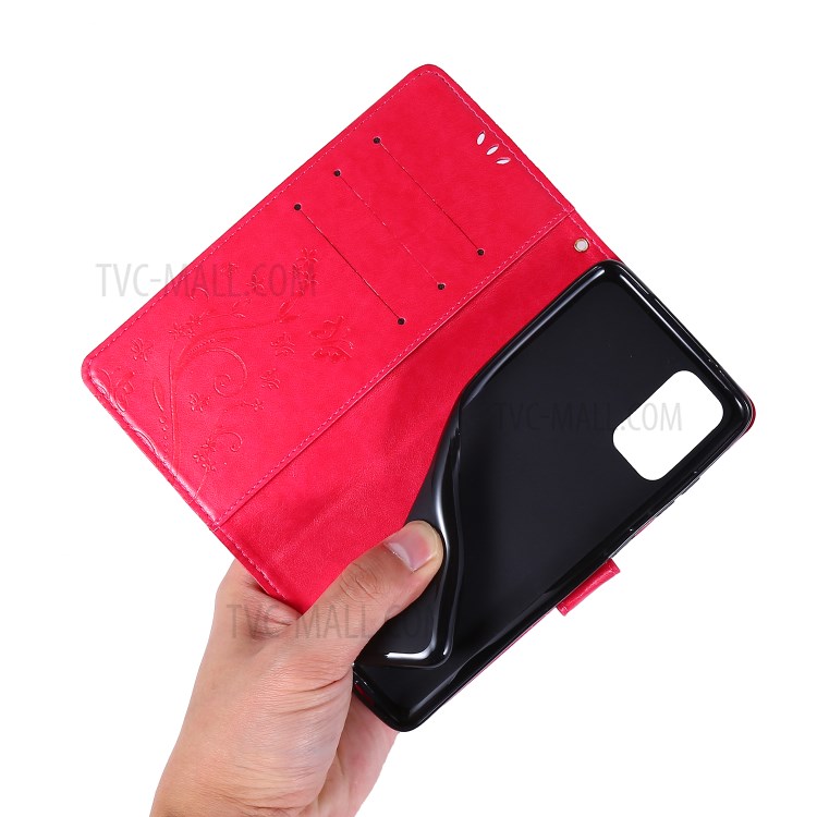 Imprint Butterflies Wallet Stand Flip Leather Phone Case for Samsung Galaxy S20 Plus - Red-6