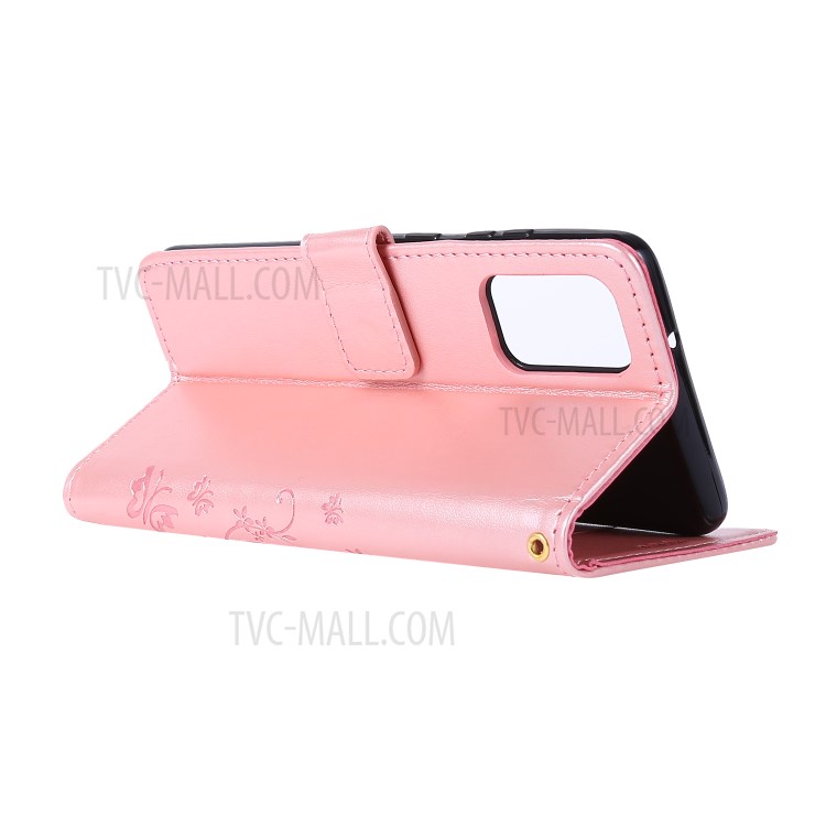 Imprint Butterflies Wallet Stand Flip Leather Phone Case for Samsung Galaxy S20 Plus - Rose Gold-4
