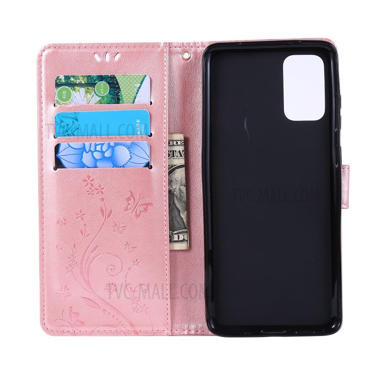 Imprint Butterflies Wallet Stand Flip Leather Phone Case for Samsung Galaxy S20 Plus - Rose Gold-5
