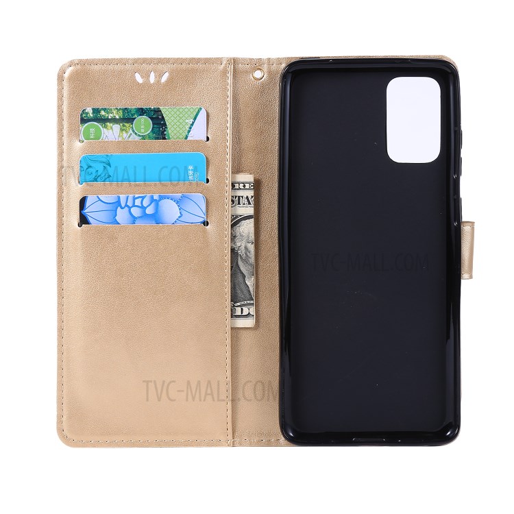 Imprint Butterflies Wallet Stand Flip Leather Phone Case for Samsung Galaxy S20 Plus - Gold-5