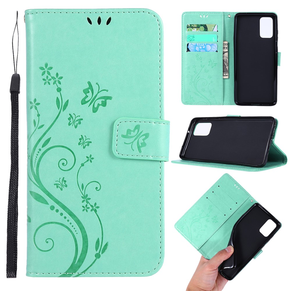 Imprint Butterflies Wallet Stand Flip Leather Phone Case for Samsung Galaxy S20 Plus - Cyan-1