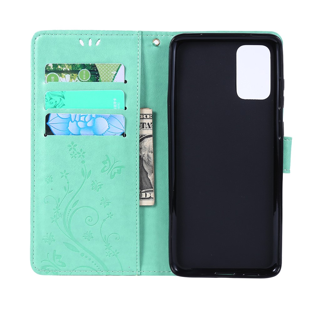 Imprint Butterflies Wallet Stand Flip Leather Phone Case for Samsung Galaxy S20 Plus - Cyan-5