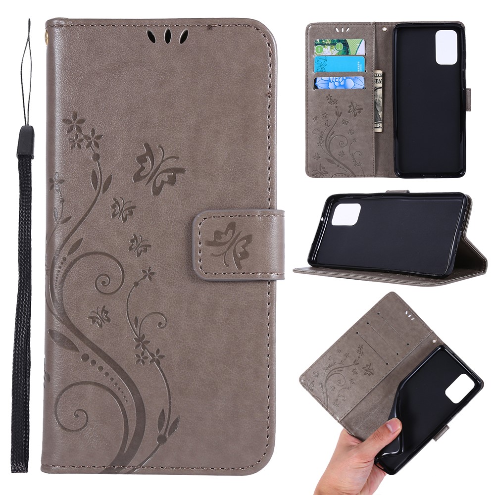 Imprint Butterflies Wallet Stand Flip Leather Phone Case for Samsung Galaxy S20 Plus - Grey-1