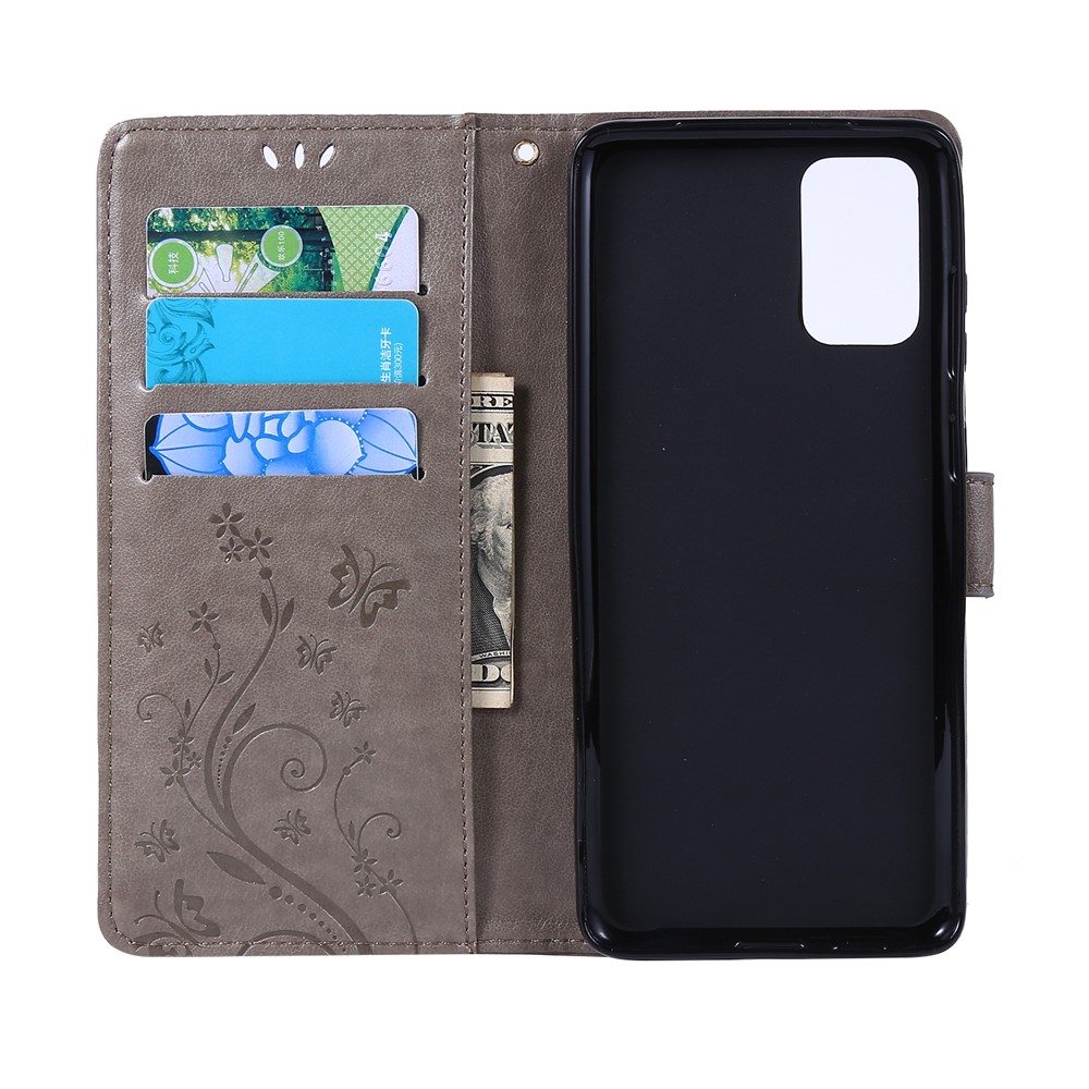Imprint Butterflies Wallet Stand Flip Leather Phone Case for Samsung Galaxy S20 Plus - Grey-5
