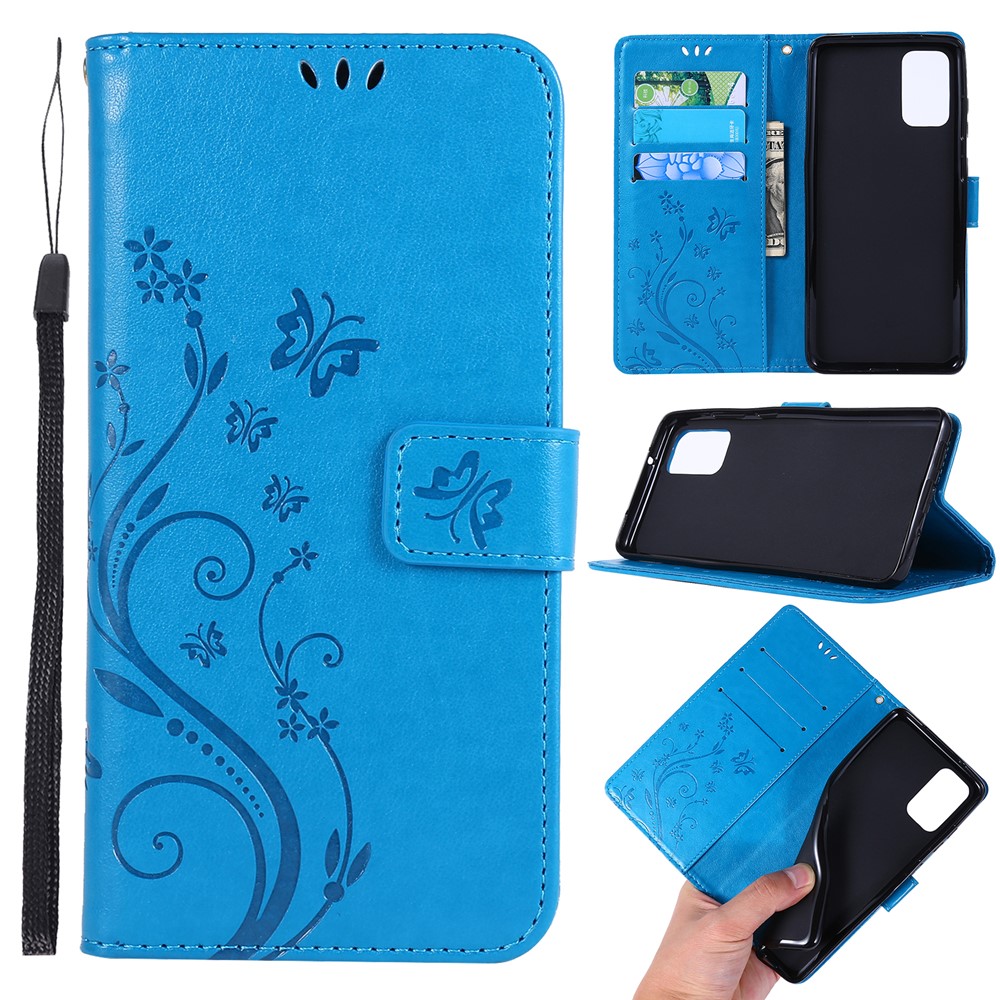 Imprint Butterflies Wallet Stand Flip Leather Phone Case for Samsung Galaxy S20 Plus - Blue-1