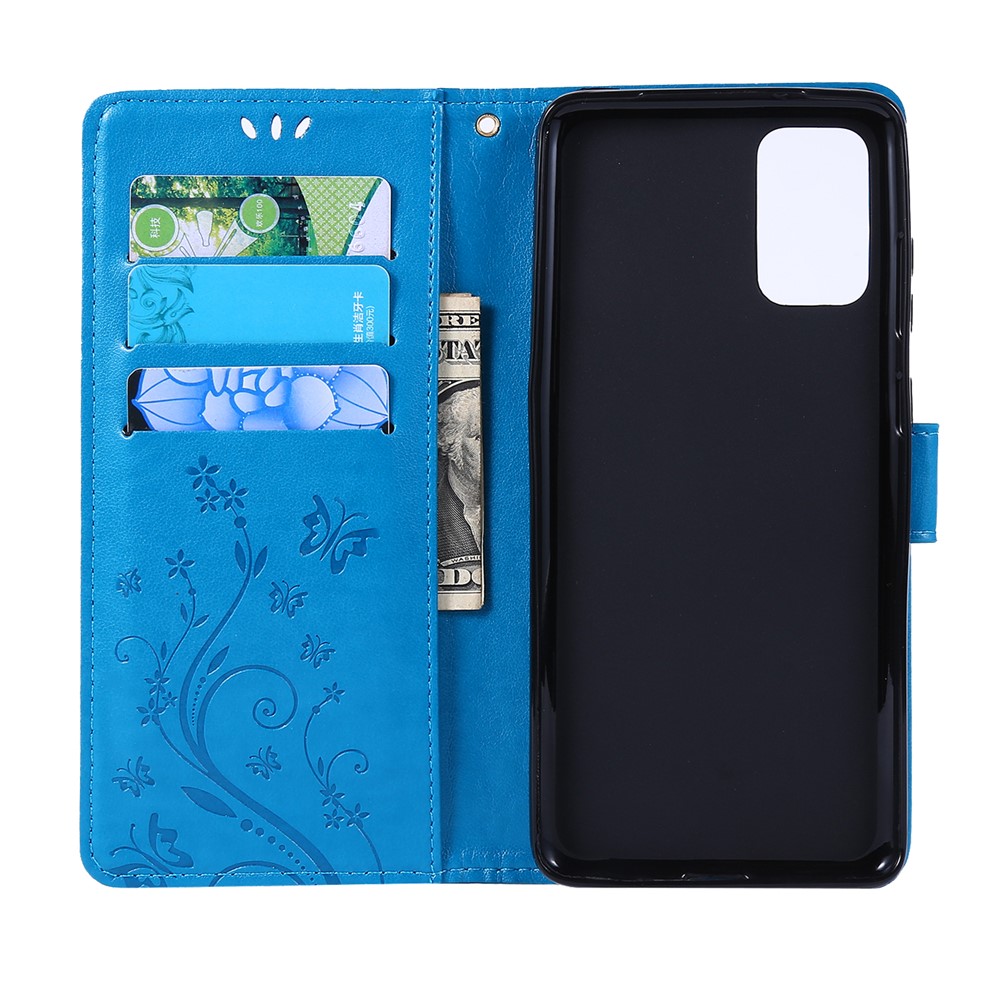 Imprint Butterflies Wallet Stand Flip Leather Phone Case for Samsung Galaxy S20 Plus - Blue-5