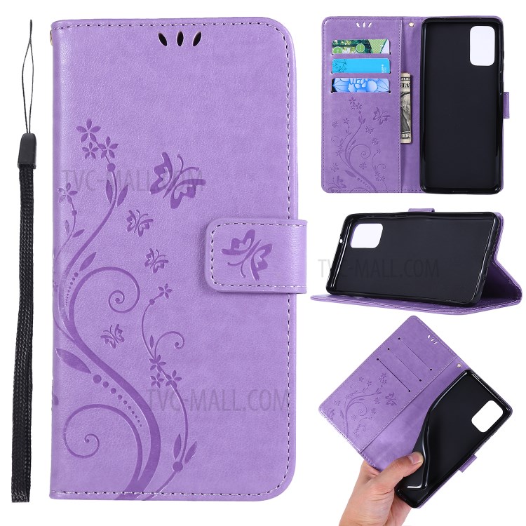 Imprint Butterflies Wallet Stand Flip Leather Phone Case for Samsung Galaxy S20 Plus - Light Purple-1