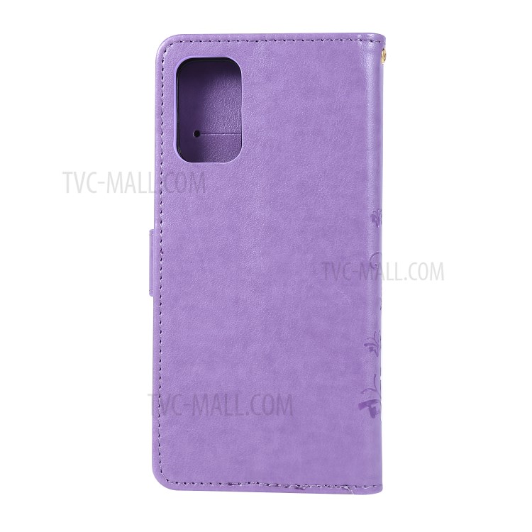 Imprint Butterflies Wallet Stand Flip Leather Phone Case for Samsung Galaxy S20 Plus - Light Purple-2