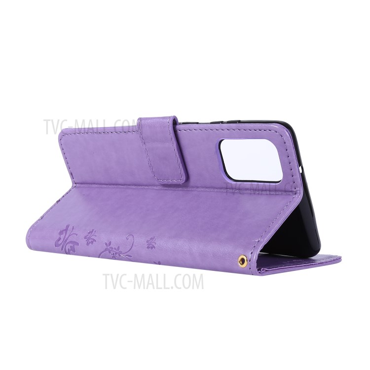 Imprint Butterflies Wallet Stand Flip Leather Phone Case for Samsung Galaxy S20 Plus - Light Purple-4