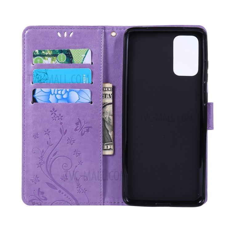 Imprint Butterflies Wallet Stand Flip Leather Phone Case for Samsung Galaxy S20 Plus - Light Purple-5