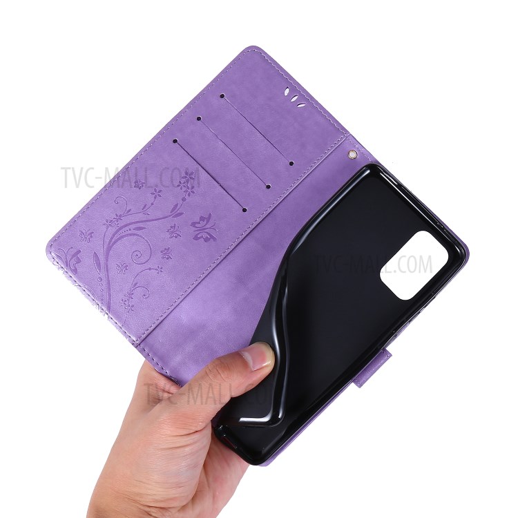 Imprint Butterflies Wallet Stand Flip Leather Phone Case for Samsung Galaxy S20 Plus - Light Purple-6