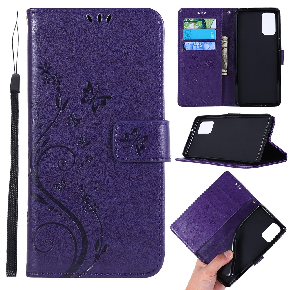 Imprint Butterflies Wallet Stand Flip Leather Phone Case for Samsung Galaxy S20 Plus - Dark Purple-1