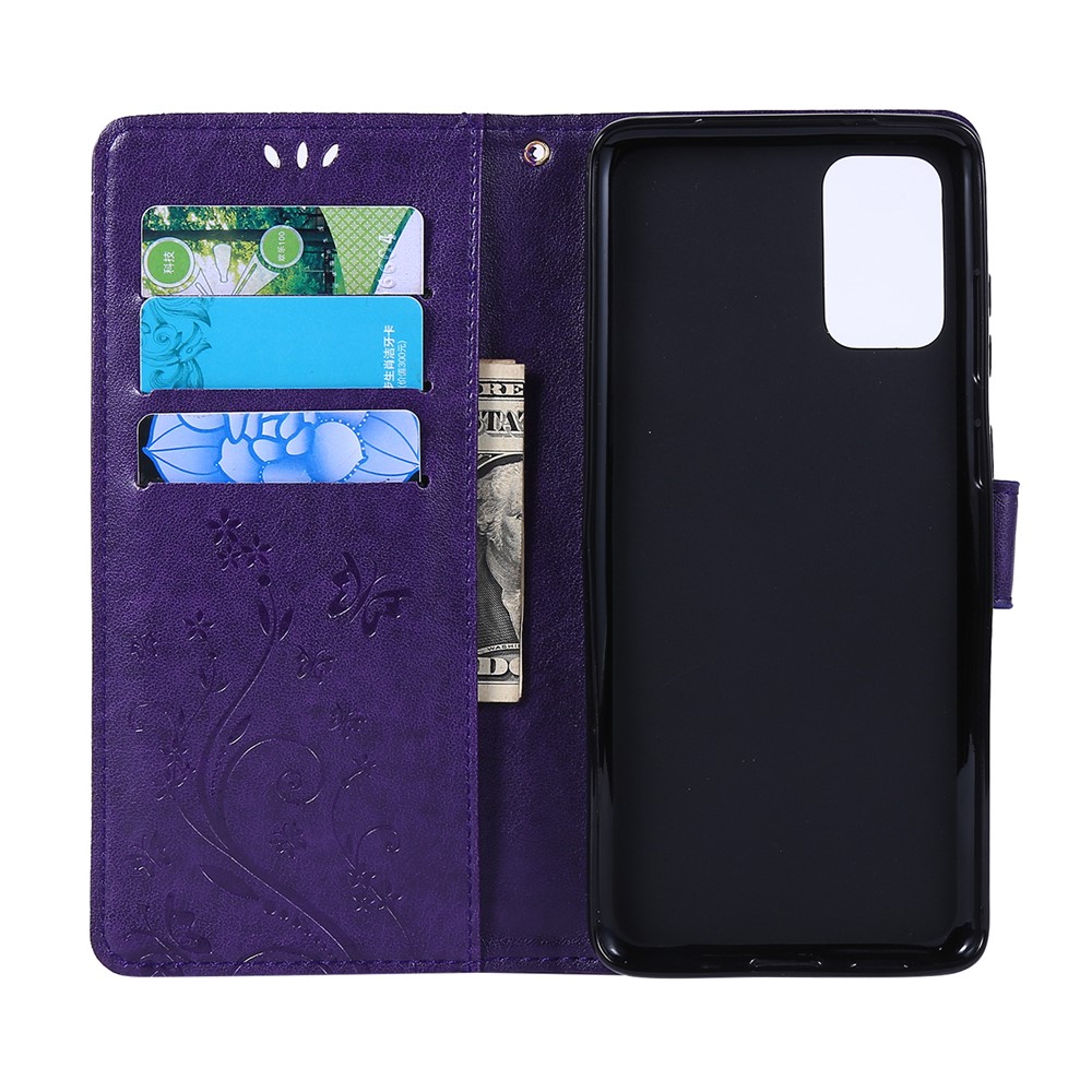 Imprint Butterflies Wallet Stand Flip Leather Phone Case for Samsung Galaxy S20 Plus - Dark Purple-5