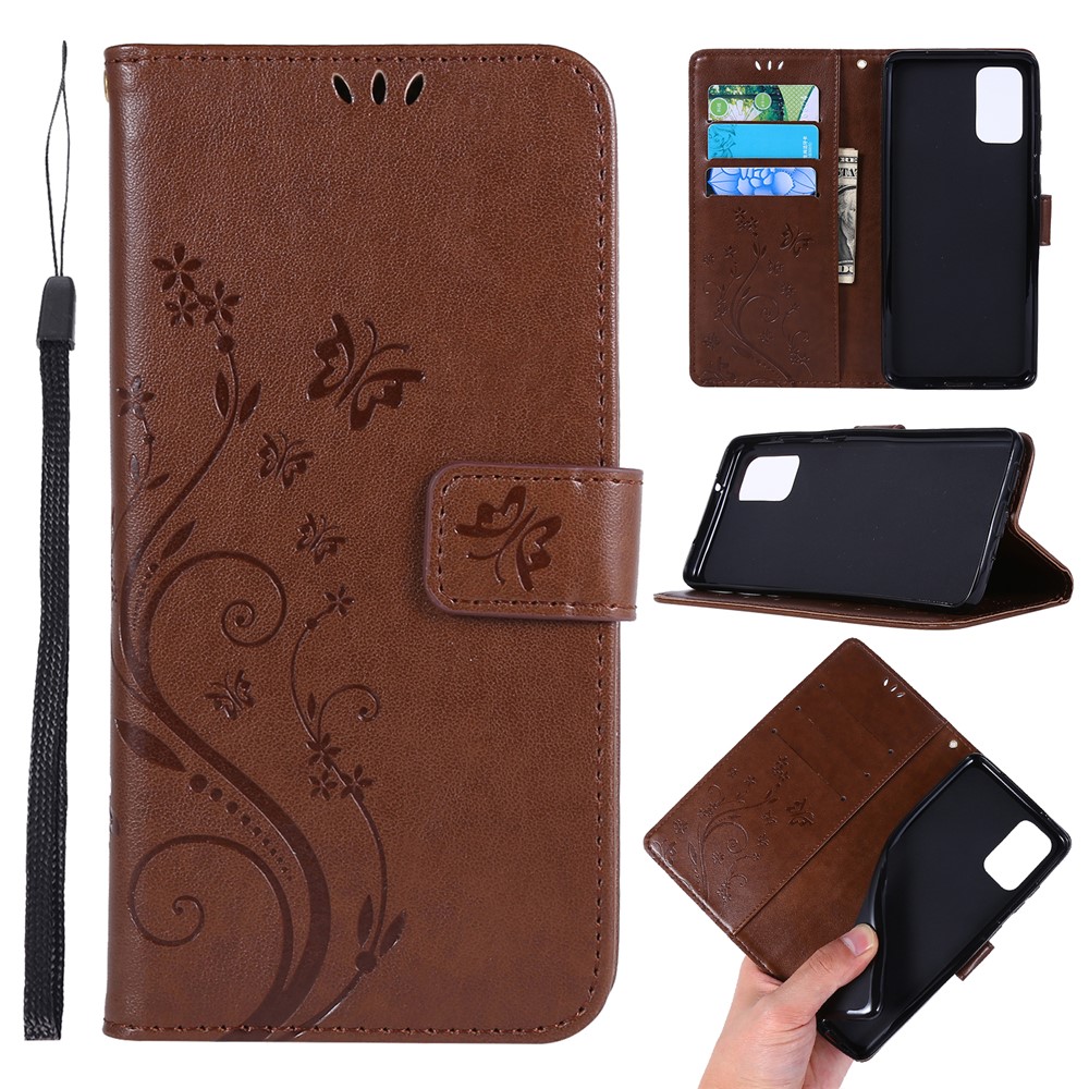 Imprint Butterflies Wallet Stand Flip Leather Phone Case for Samsung Galaxy S20 Plus - Brown-1