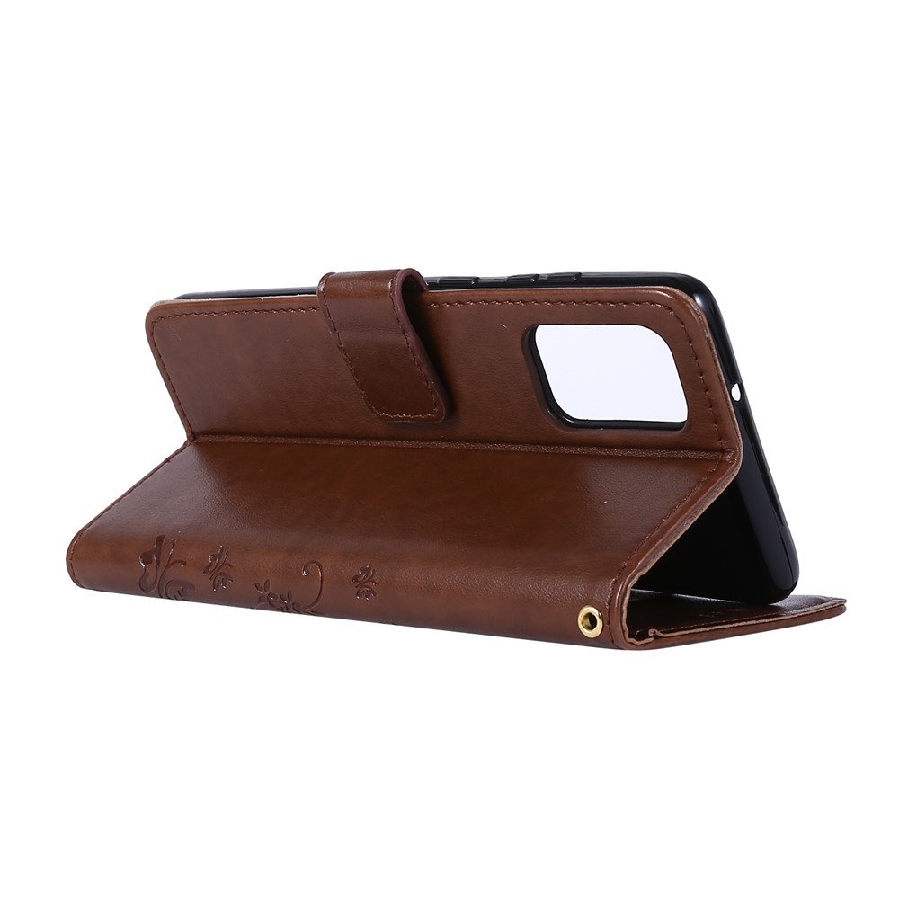 Imprint Butterflies Wallet Stand Flip Leather Phone Case for Samsung Galaxy S20 Plus - Brown-4