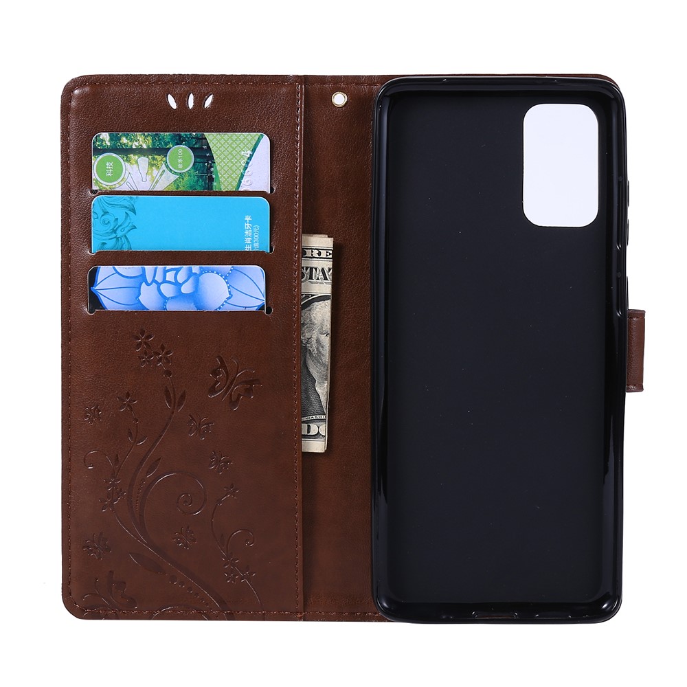 Imprint Butterflies Wallet Stand Flip Leather Phone Case for Samsung Galaxy S20 Plus - Brown-5