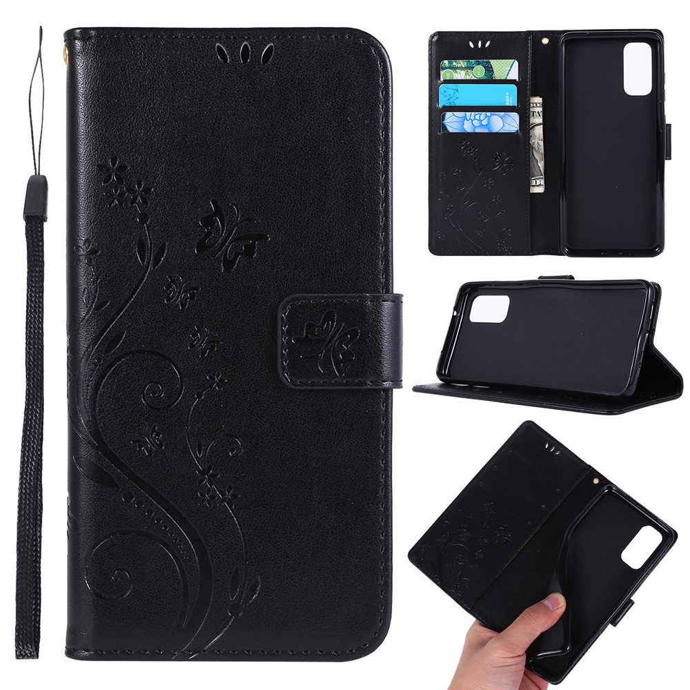 Imprint Butterflies Swellet Stand Flip Leather Case Для Samsung Galaxy S20 4G/S20 5G - Черный