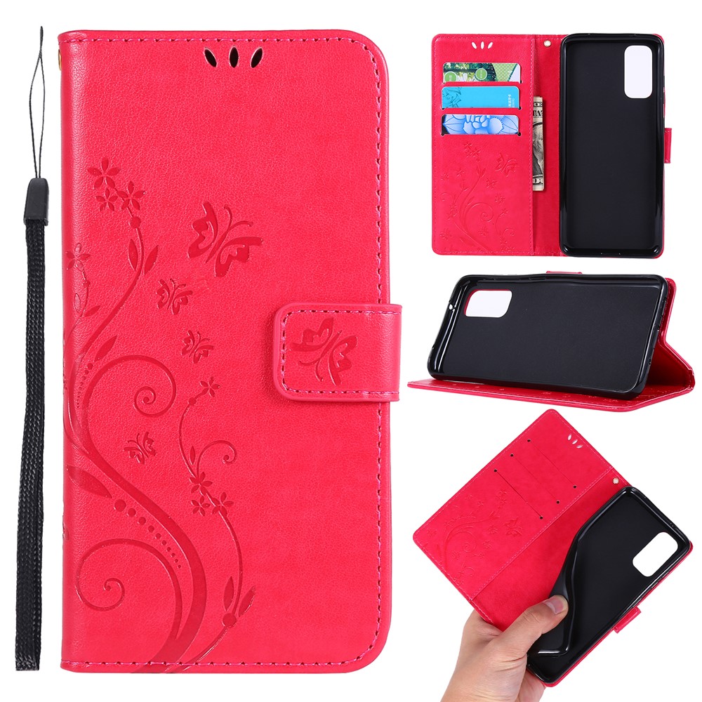 Imprint Butterflies Wallet Stand Flip Leather Case for Samsung Galaxy S20 - Red-1