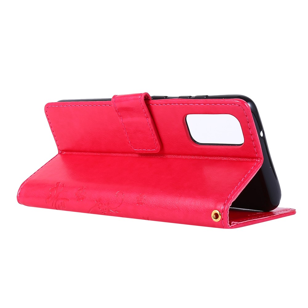 Imprint Butterflies Wallet Stand Flip Leather Case for Samsung Galaxy S20 - Red-4