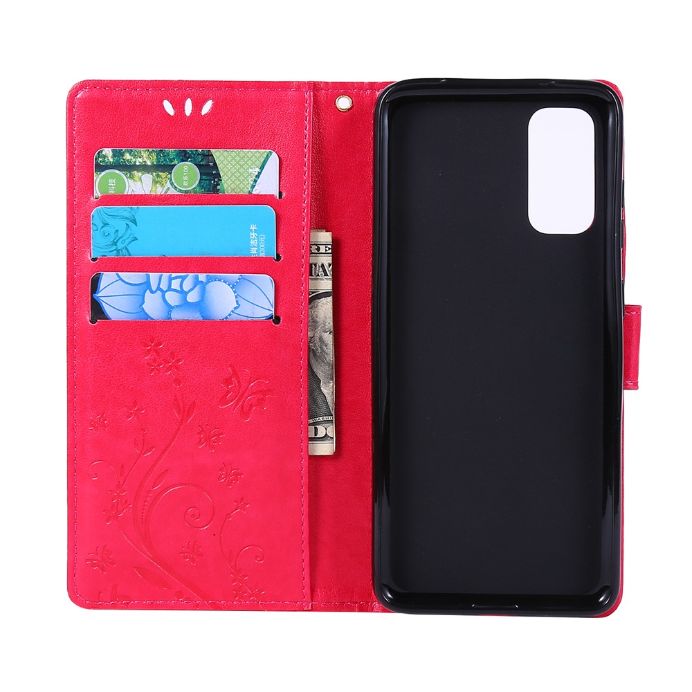 Imprint Butterflies Wallet Stand Flip Leather Case for Samsung Galaxy S20 - Red-5