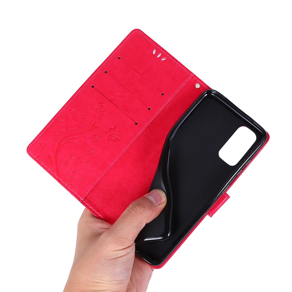 Imprint Butterflies Wallet Stand Flip Leather Case for Samsung Galaxy S20 - Red-6