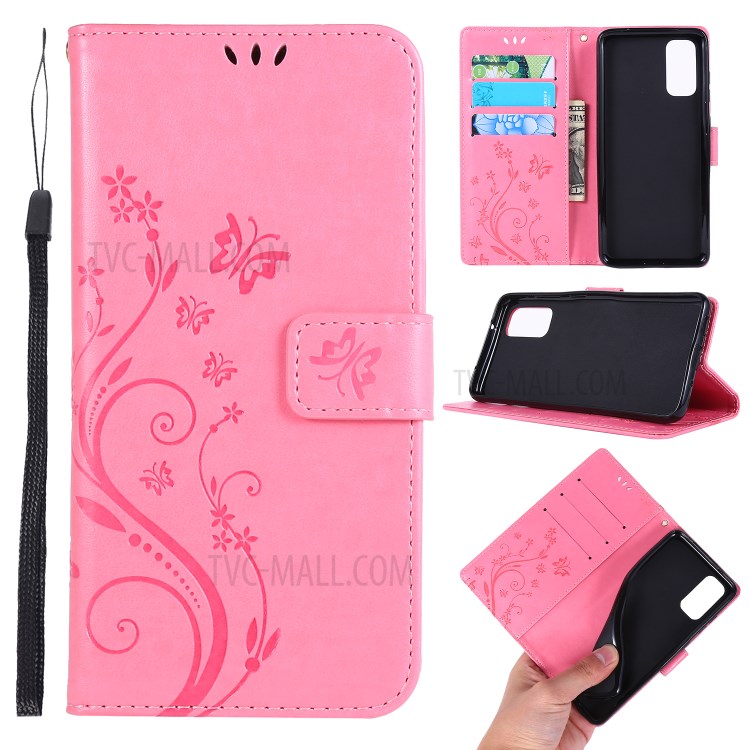 Imprint Butterflies Wallet Stand Flip Leather Case for Samsung Galaxy S20 - Pink-1