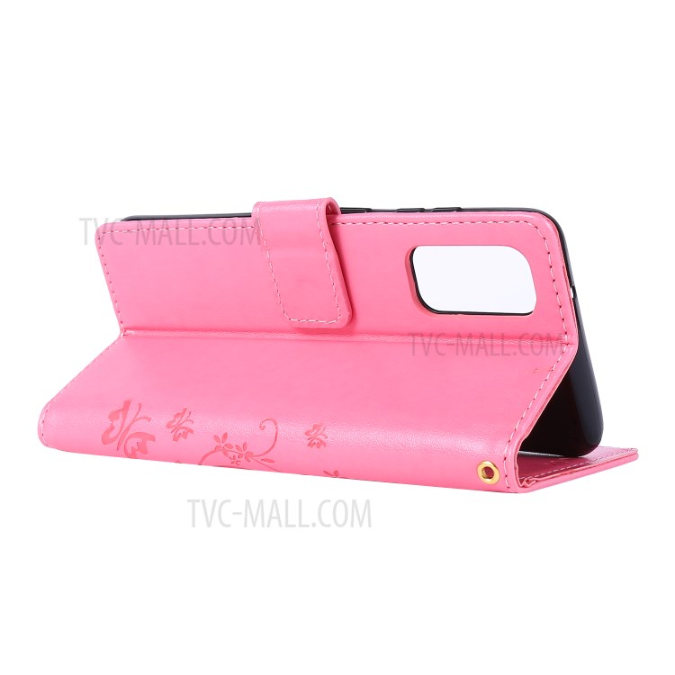 Imprint Butterflies Wallet Stand Flip Leather Case for Samsung Galaxy S20 - Pink-4