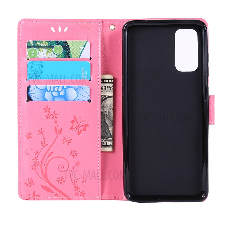 Imprint Butterflies Wallet Stand Flip Leather Case for Samsung Galaxy S20 - Pink-5