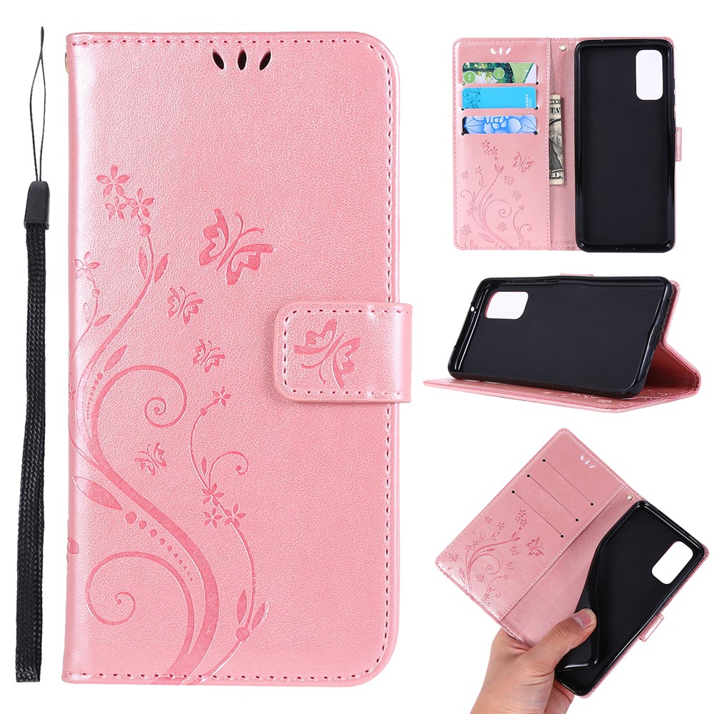Imprint Butterflies Wallet Stand Flip Leather Case for Samsung Galaxy S20 - Rose Gold-1