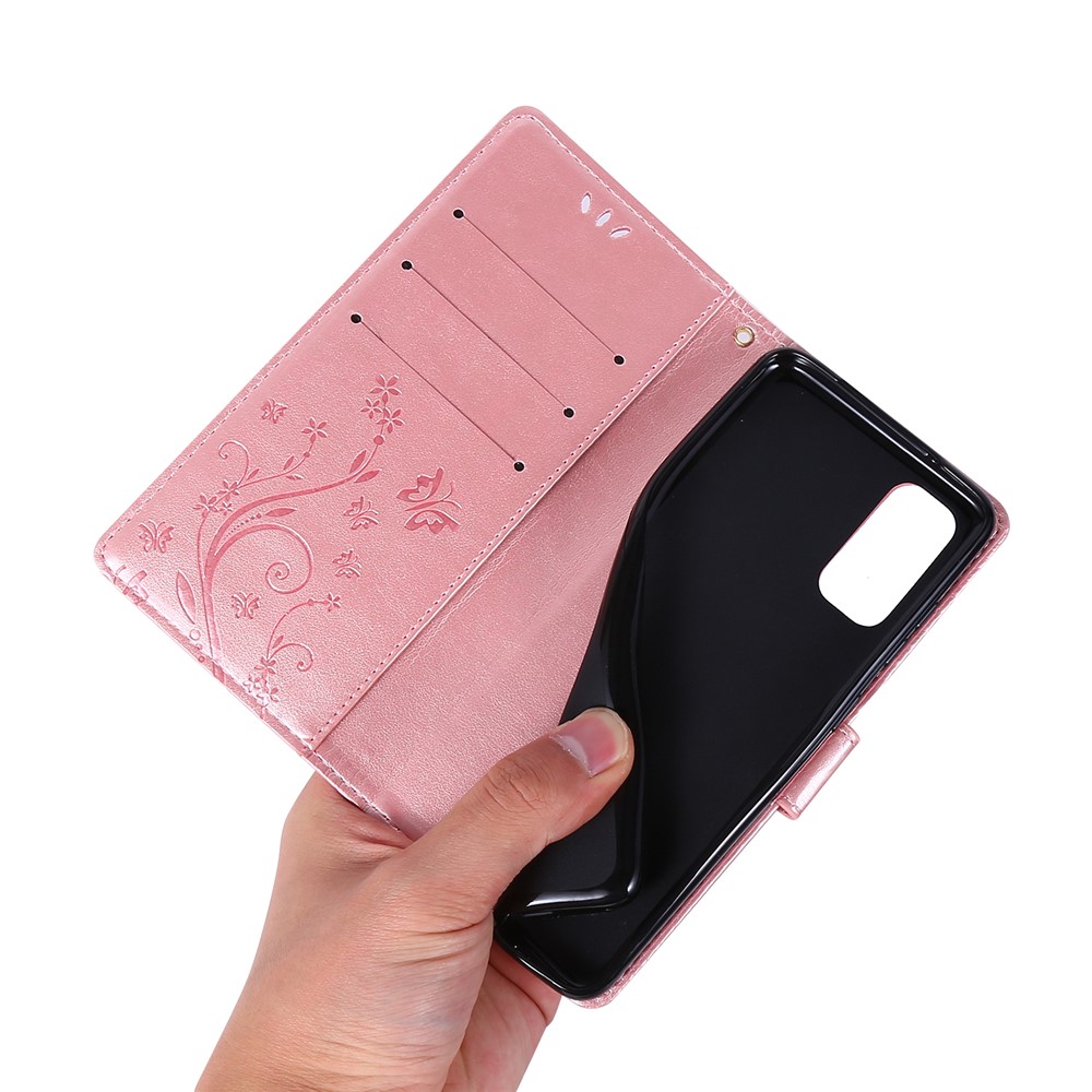 Imprint Butterflies Wallet Stand Flip Leather Case for Samsung Galaxy S20 - Rose Gold-6
