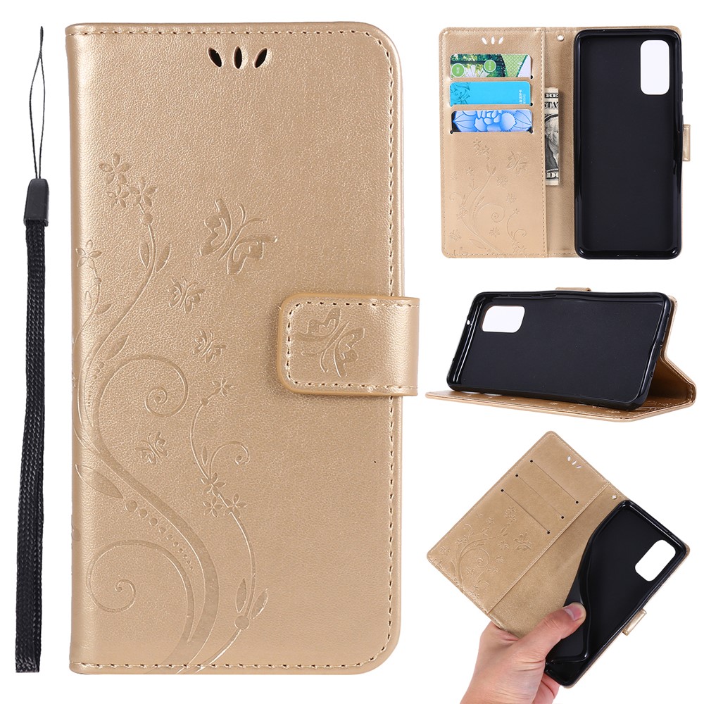 Imprint Butterflies Wallet Stand Flip Leather Case for Samsung Galaxy S20 - Gold-1