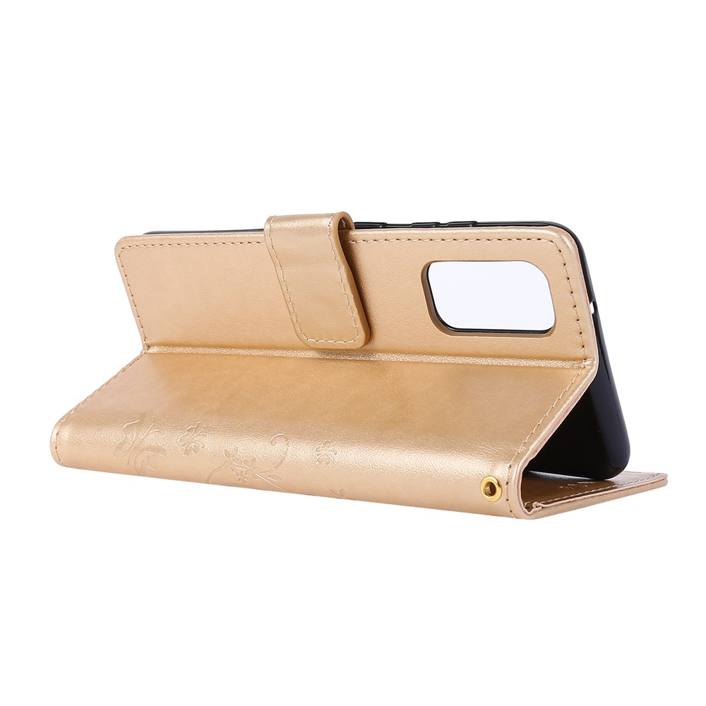 Imprint Butterflies Wallet Stand Flip Leather Case for Samsung Galaxy S20 - Gold-4