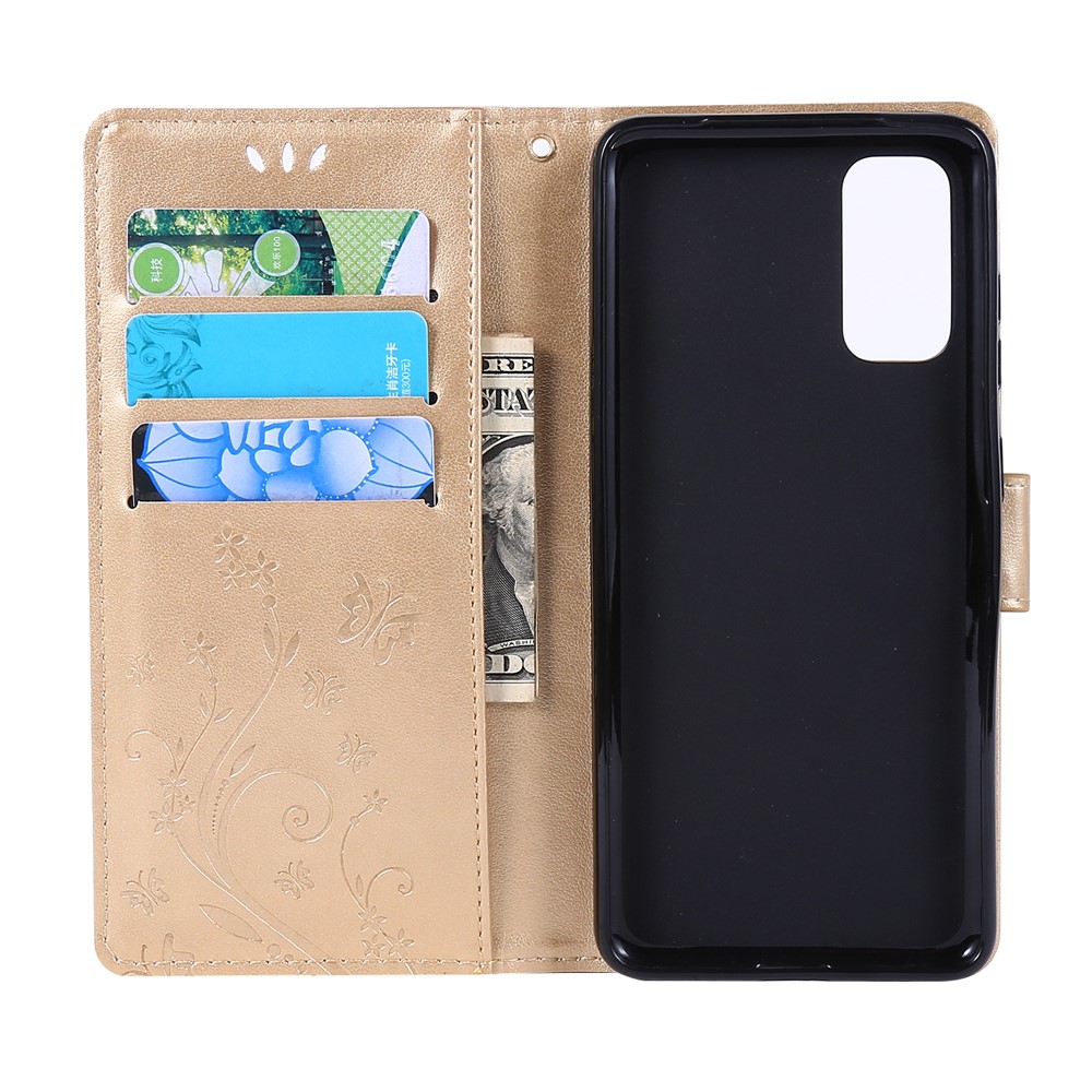 Imprint Butterflies Wallet Stand Flip Leather Case for Samsung Galaxy S20 - Gold-5