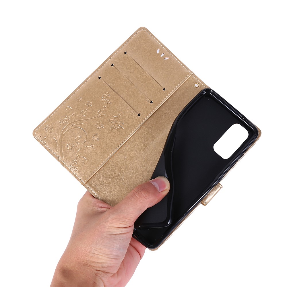 Imprint Butterflies Wallet Stand Flip Leather Case for Samsung Galaxy S20 - Gold-6