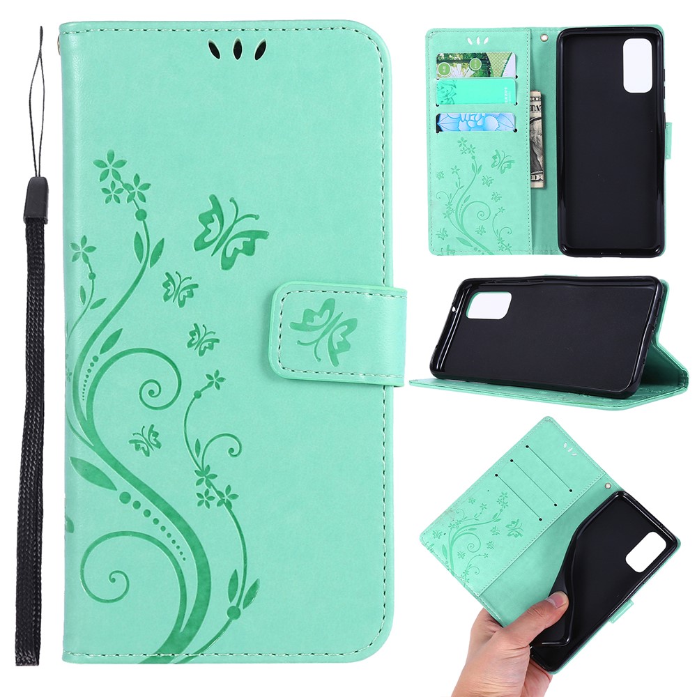 Imprint Butterflies Wallet Stand Flip Leather Case for Samsung Galaxy S20 - Cyan-1