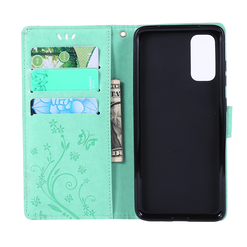 Imprint Butterflies Wallet Stand Flip Leather Case for Samsung Galaxy S20 - Cyan-5