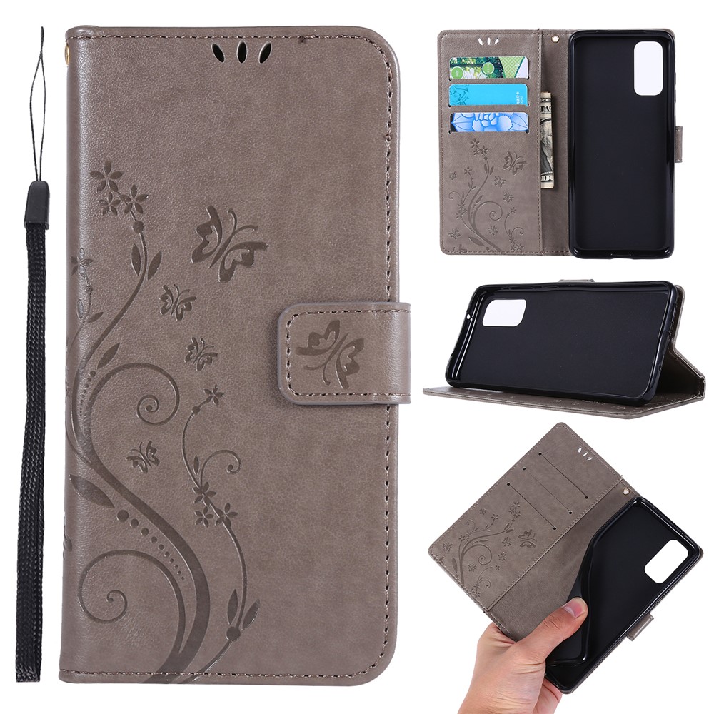 Imprint Butterflies Wallet Stand Flip Leather Case for Samsung Galaxy S20 - Grey-1