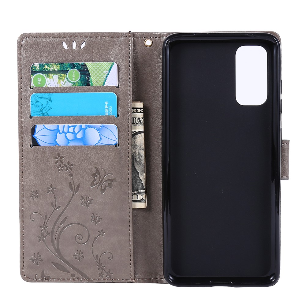 Imprint Butterflies Wallet Stand Flip Leather Case for Samsung Galaxy S20 - Grey-5