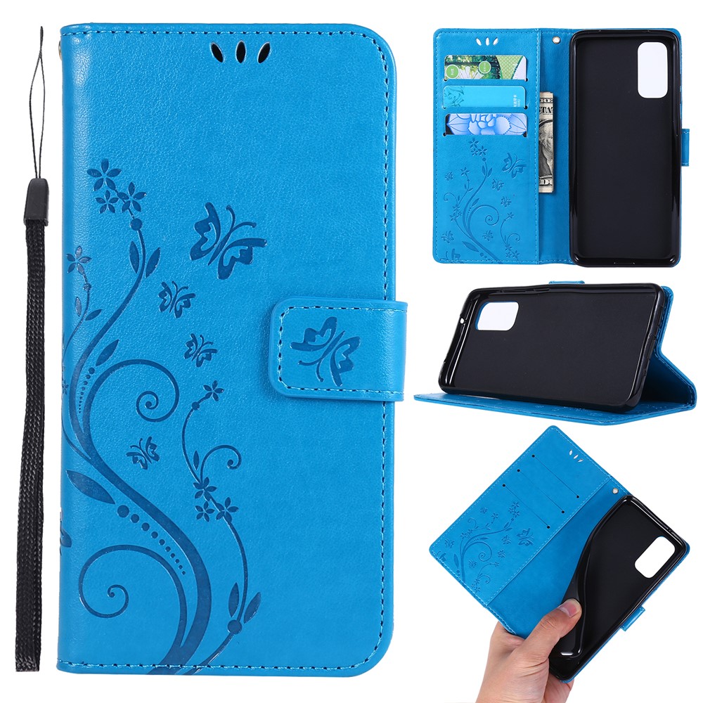 Imprint Butterflies Wallet Stand Flip Leather Case for Samsung Galaxy S20 - Blue-1
