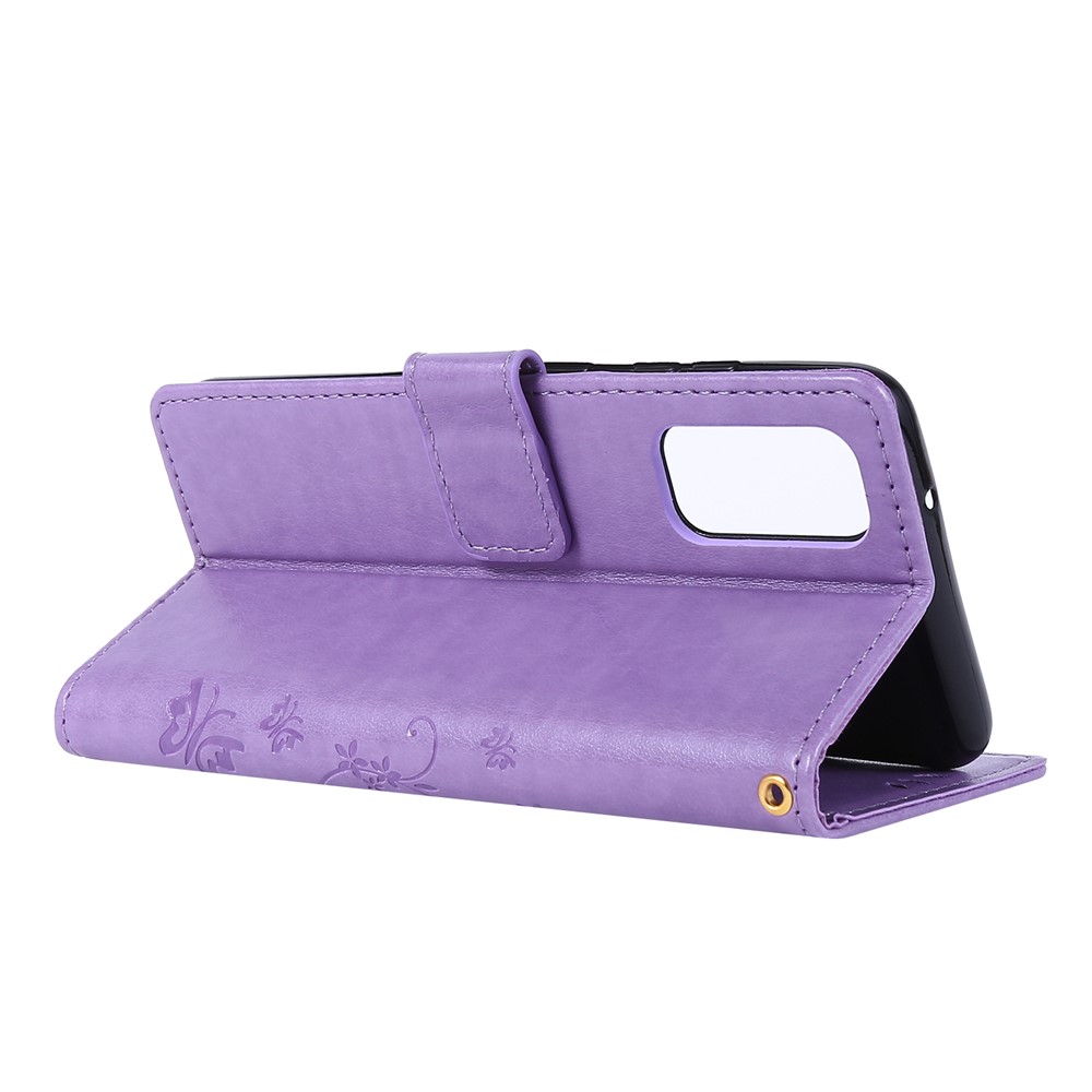 Imprint Butterflies Wallet Stand Flip Leather Case for Samsung Galaxy S20 - Light Purple-4