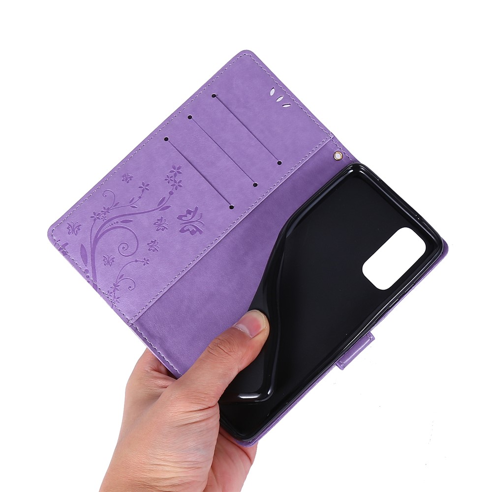 Imprint Butterflies Wallet Stand Flip Leather Case for Samsung Galaxy S20 - Light Purple-6