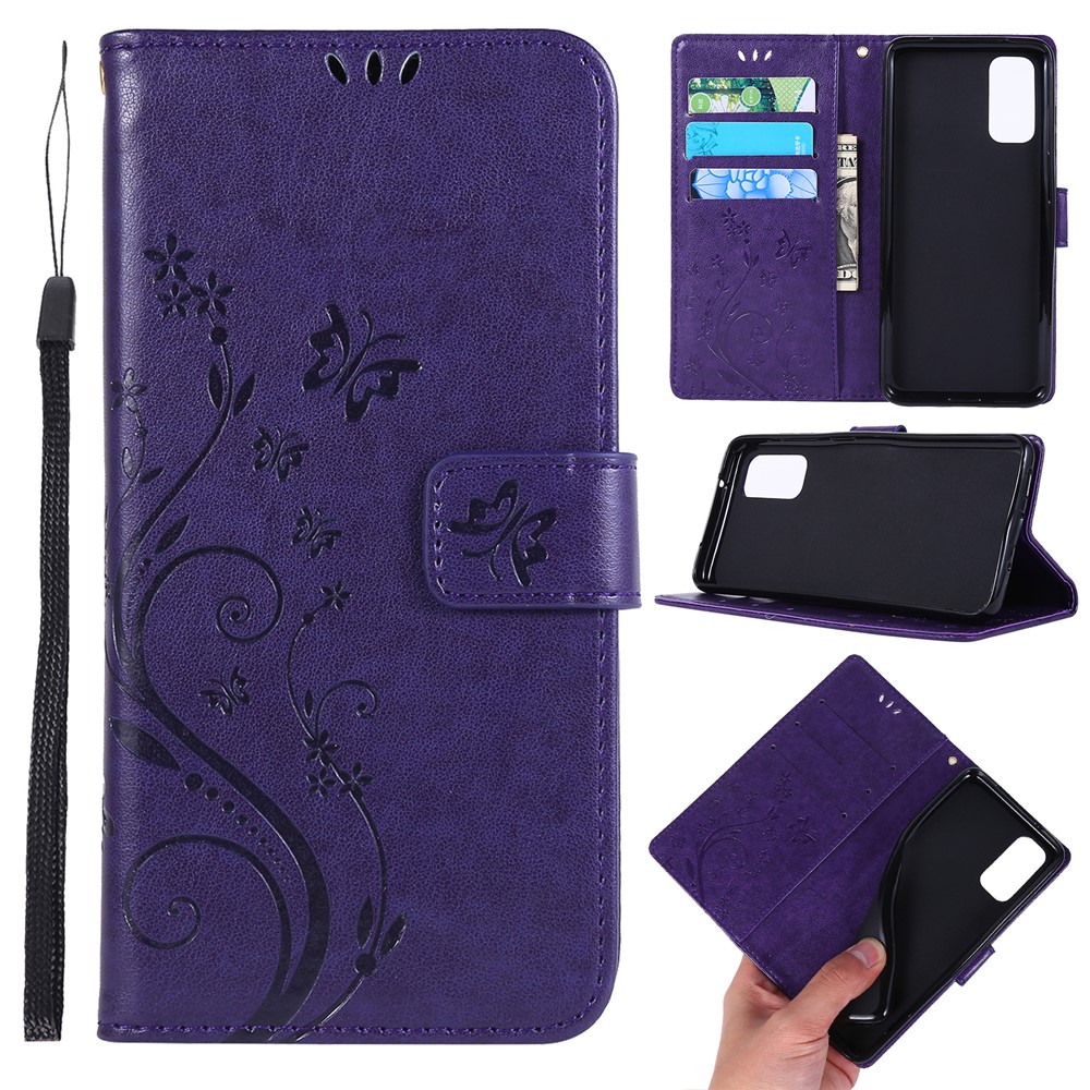 Imprint Butterflies Wallet Stand Flip Leather Case for Samsung Galaxy S20 - Dark Purple-1