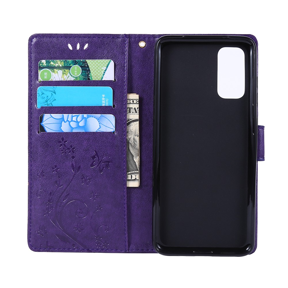 Imprint Butterflies Wallet Stand Flip Leather Case for Samsung Galaxy S20 - Dark Purple-5