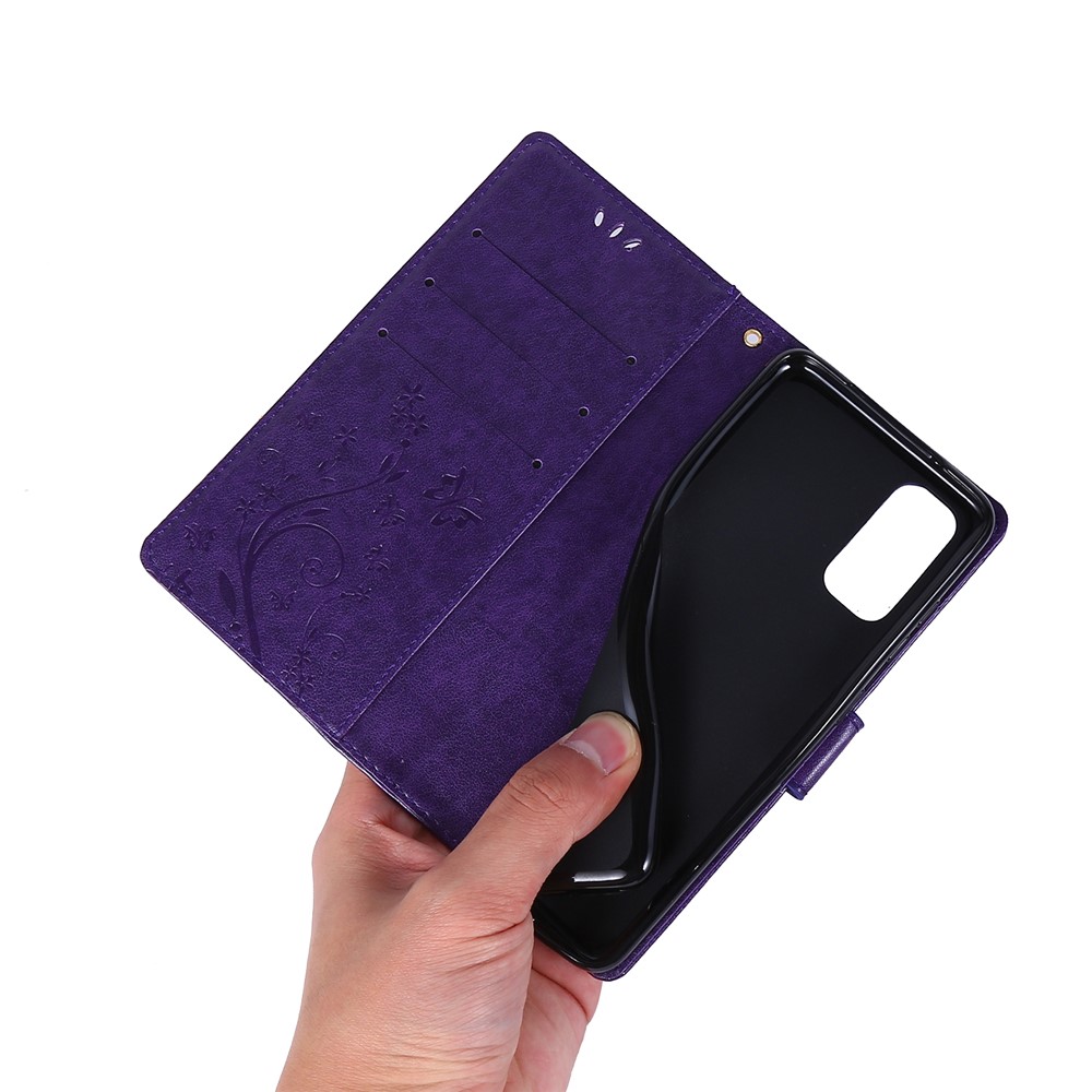Imprint Butterflies Wallet Stand Flip Leather Case for Samsung Galaxy S20 - Dark Purple-6