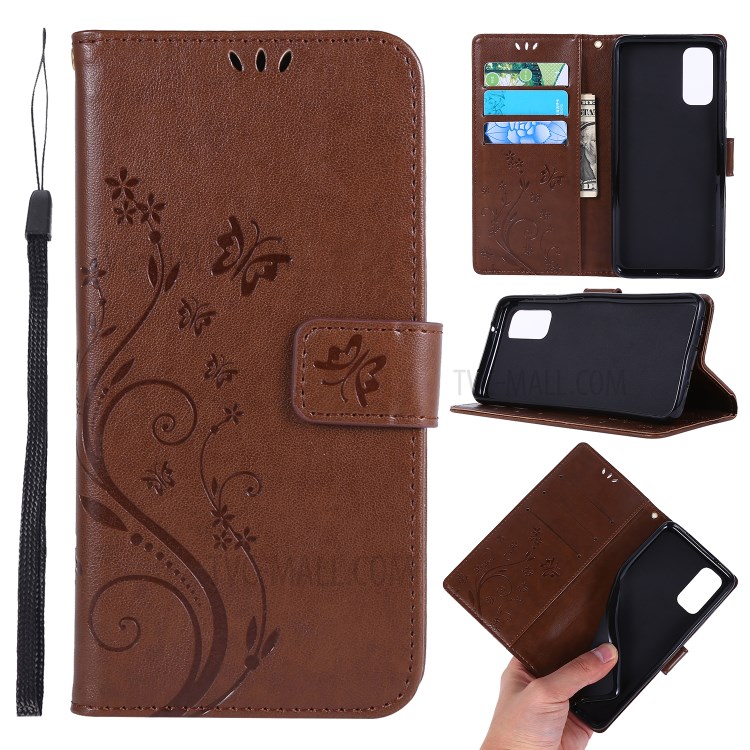 Imprint Butterflies Wallet Stand Flip Leather Case for Samsung Galaxy S20 - Brown-1