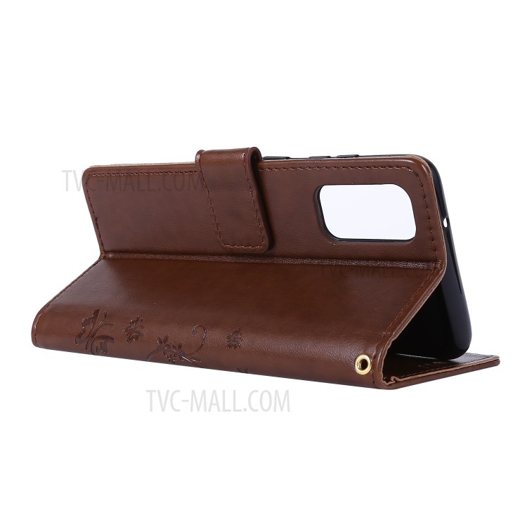 Imprint Butterflies Wallet Stand Flip Leather Case for Samsung Galaxy S20 - Brown-4