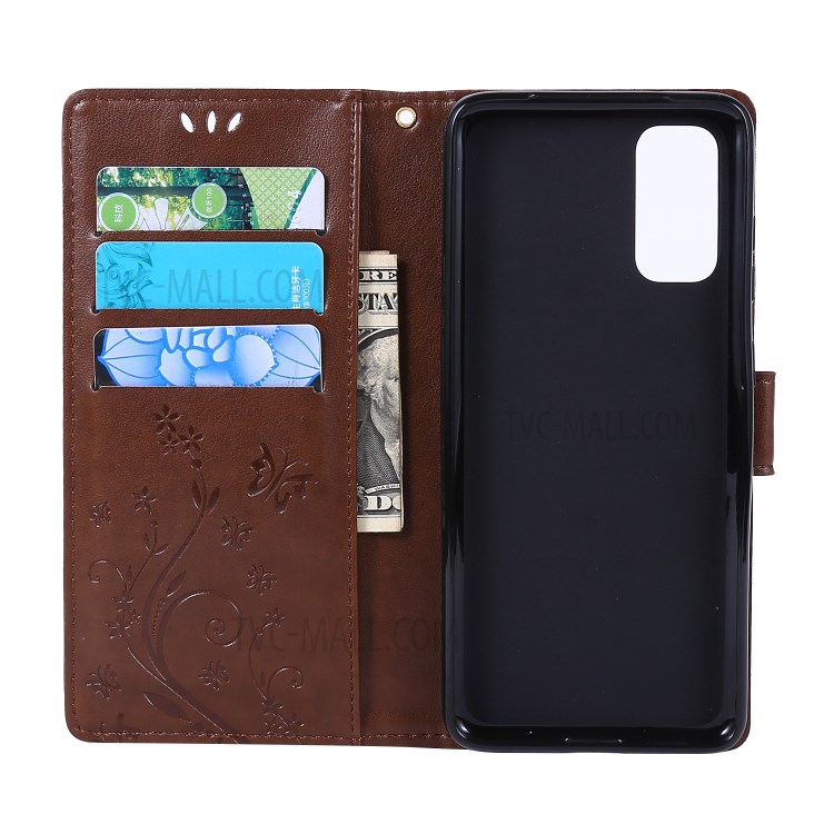 Imprint Butterflies Wallet Stand Flip Leather Case for Samsung Galaxy S20 - Brown-5