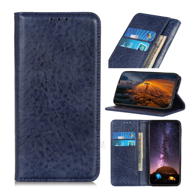 Auto-absorbed Crazy Horse Texture Split Leather Wallet Case for Samsung Galaxy A21 - Blue-1